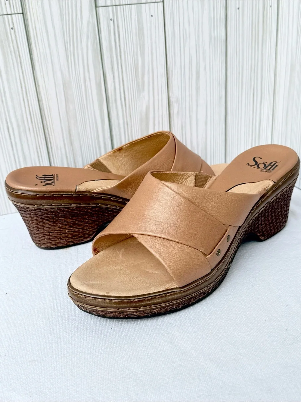 Sofft Tan Leather Wedge Sandals